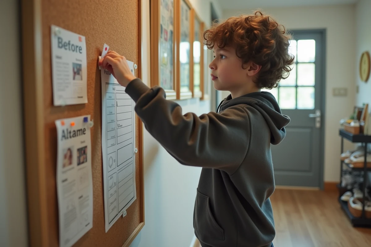 Adolescent collant un tableau de tâches au mur