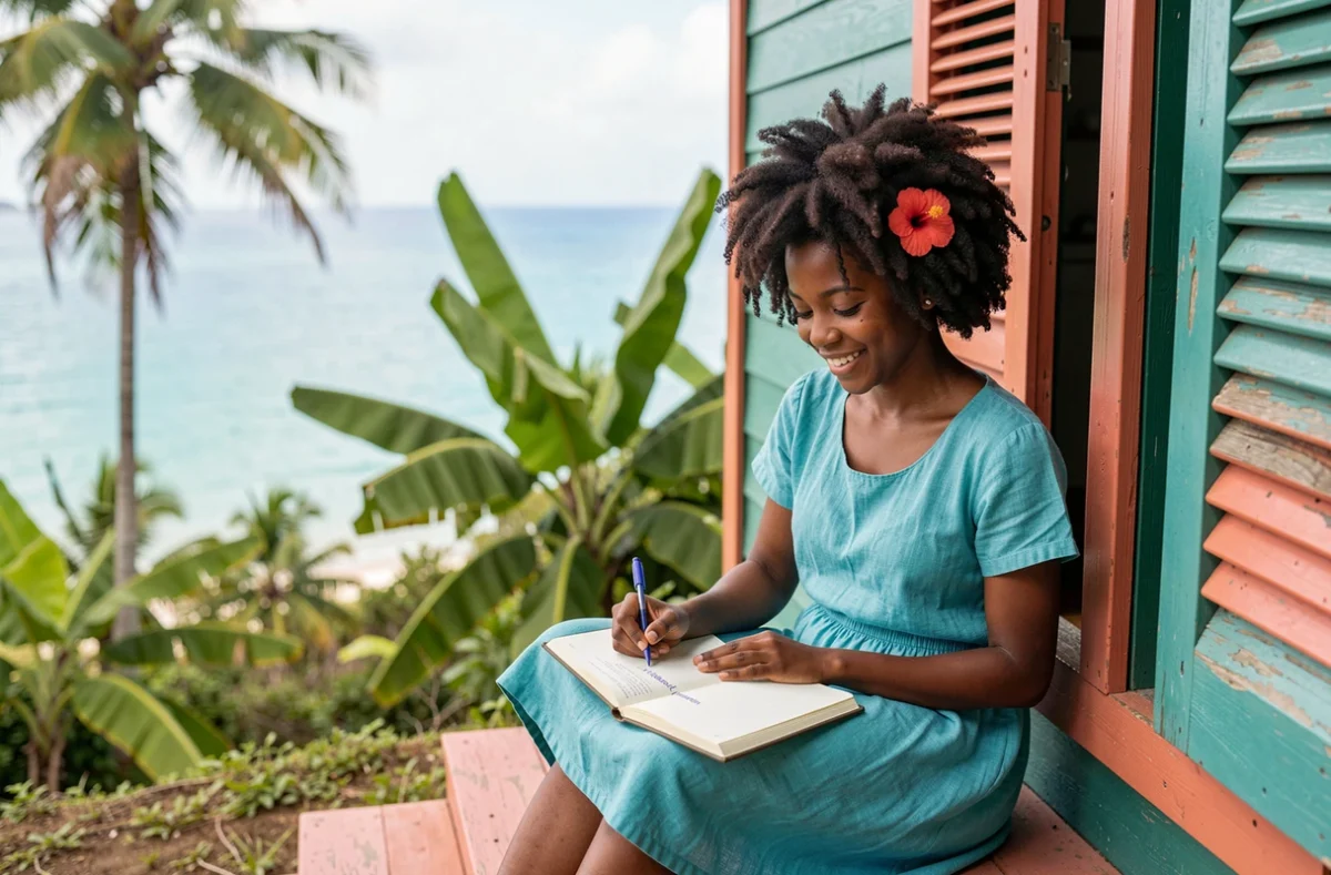 Adolescente martiniquaise écrivant un prénom créole dans son journal sur les marches d'une maison créole colorée avec vue sur la mer des Caraïbes