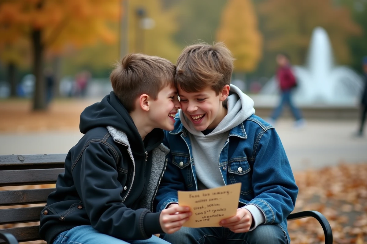 Deux adolescents complices dans un parc d'automne inventant des idées de blagues et farces, liste de bêtises à la main