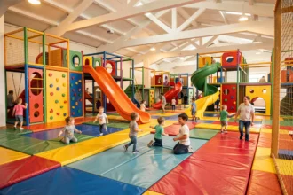 Vue d'ensemble d'une aire de jeux couverte en Nouvelle-Aquitaine avec structures colorées et familles en train de jouer