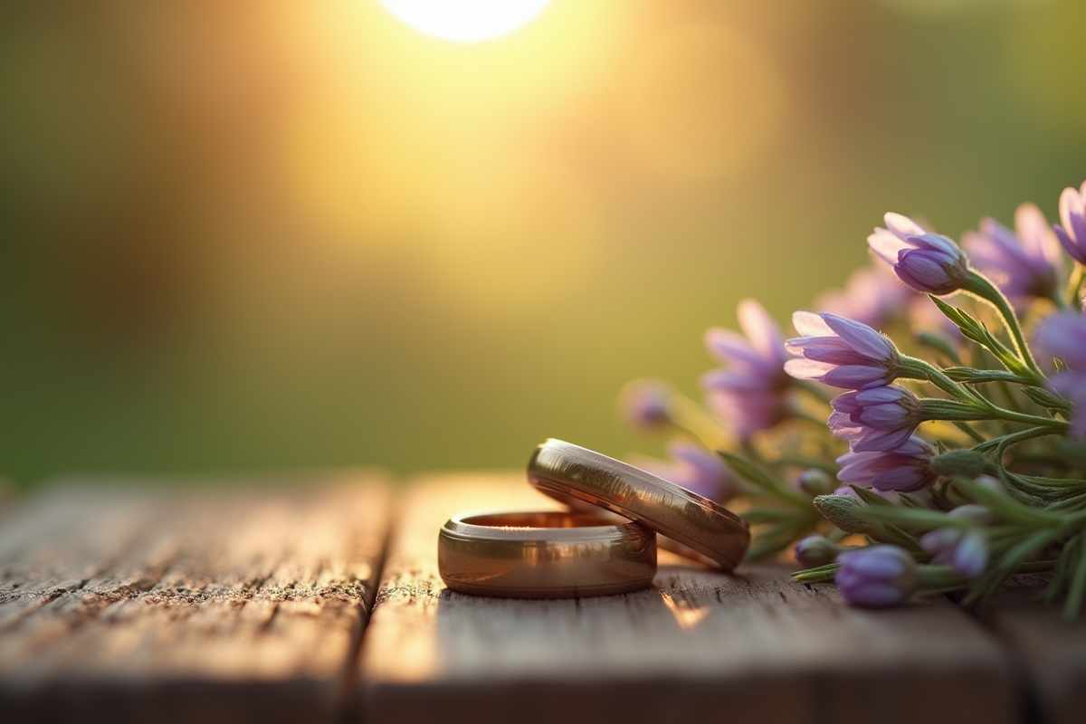 Alliances de mariage sur une table en bois avec fleurs sauvages