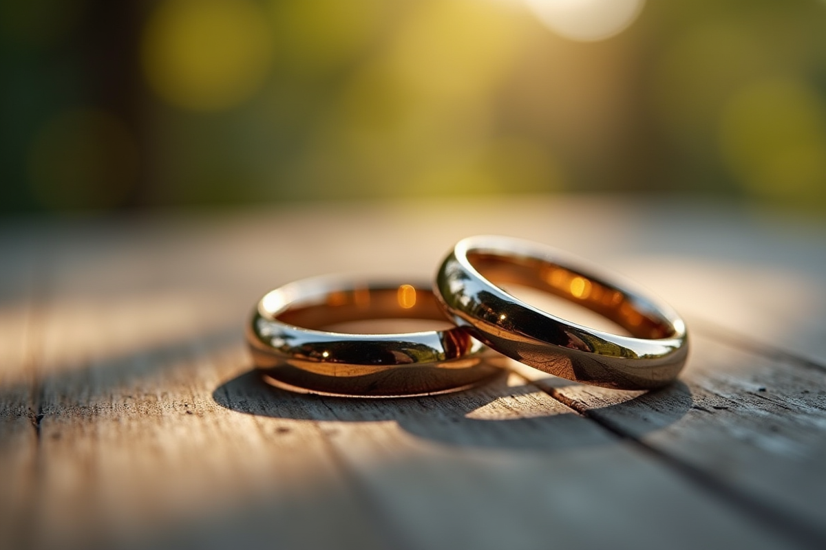Alliances de mariage sur surface en bois avec lumiere douce
