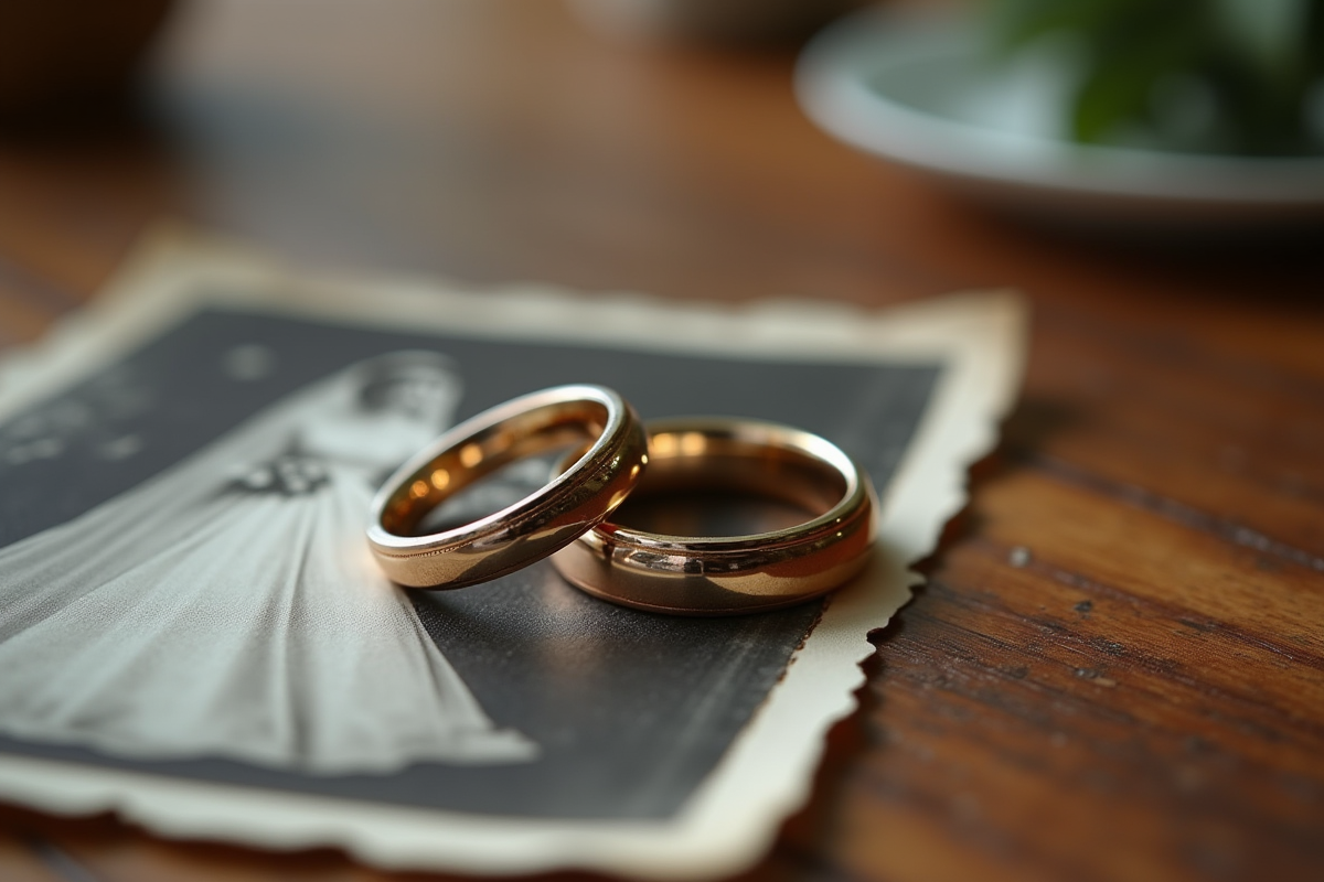 Alliances de mariage sur une table en bois avec photo vintage