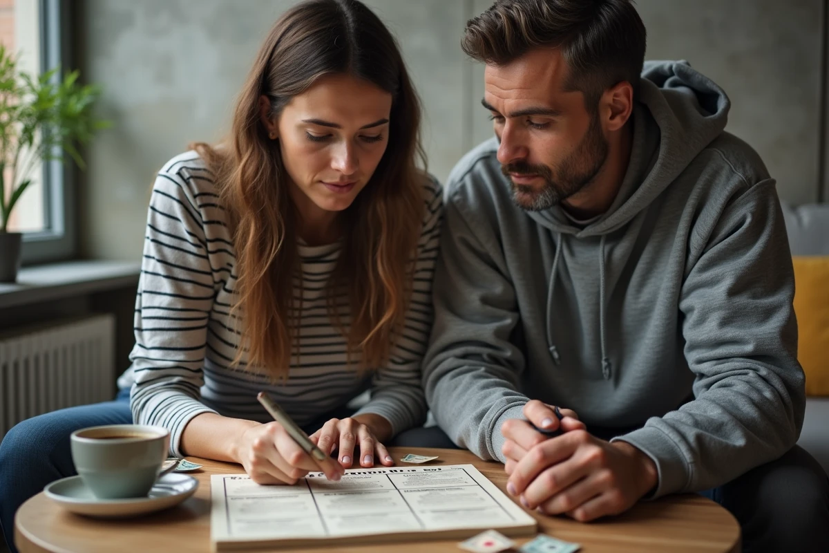 Deux amis consultant les règles officielles du jeu Bonne Paye dans un appartement moderne