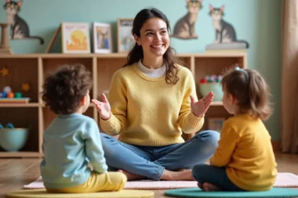 Animatrice en pull jaune enseignant la comptine 3 petits chats avec des gestes à des tout-petits dans une salle de classe colorée