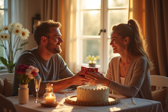 Couple célébrant leur 7e anniversaire à la maison avec gâteau et cadeaux