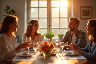 Famille heureuse célébrant leur anniversaire autour d'une table