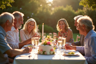 Famille multigeneration autour d'une table pour un anniversaire de mariage