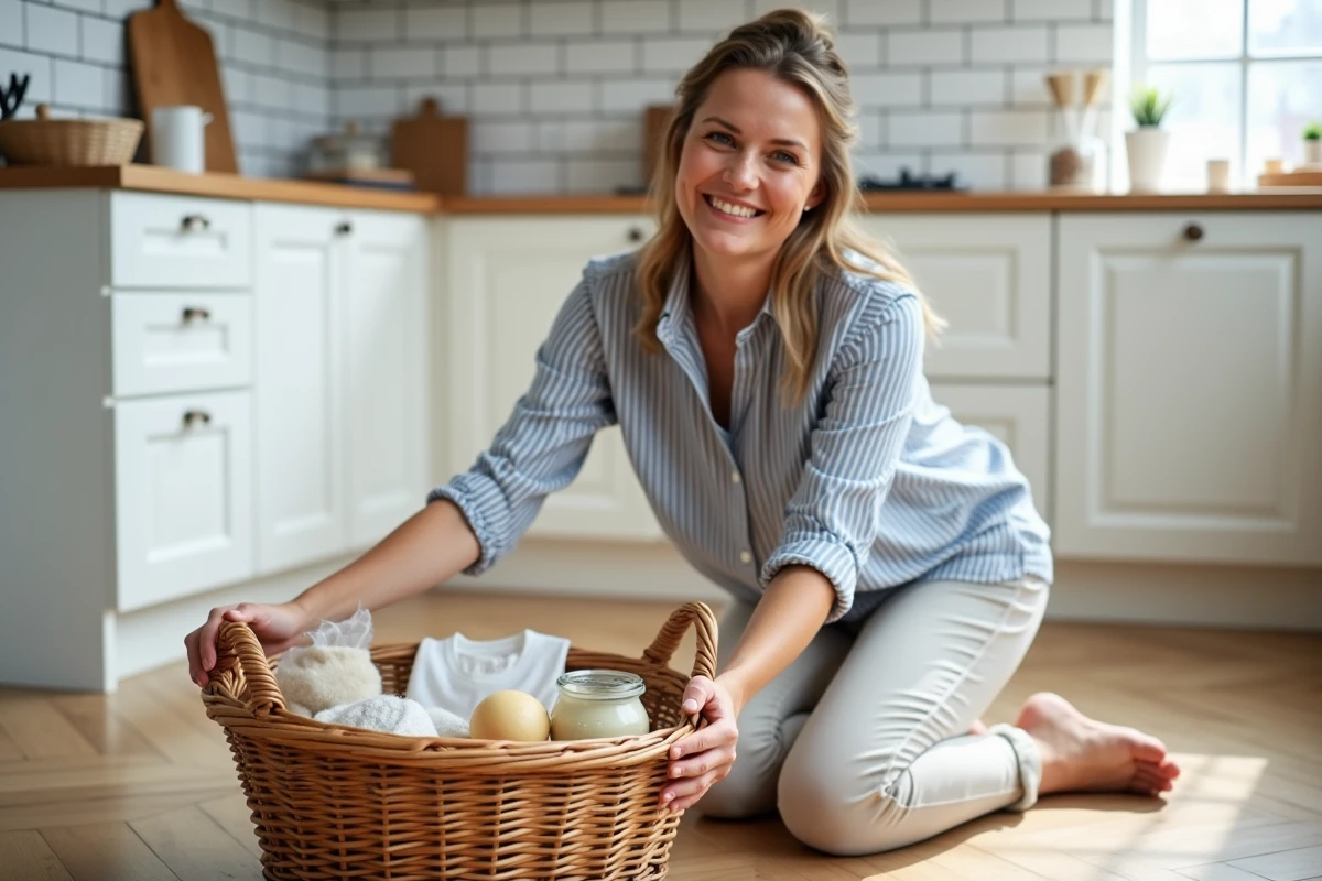 Femme agenouillée devant un panier d'objets du quotidien de bébé pour annoncer sa grossesse de manière originale