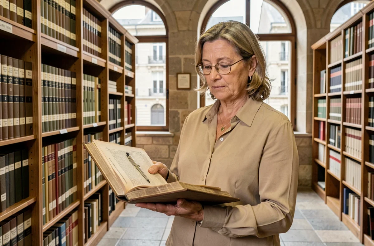 Femme consultant un registre d'état civil dans une salle d'archives municipales françaises, illustrant la recherche officielle sur les origines et les parents