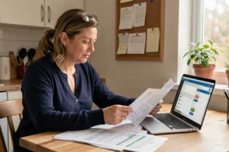 Assistante maternelle consultant son ordinateur portable pour migrer son compte professionnel Nounou-top vers Top Assmat