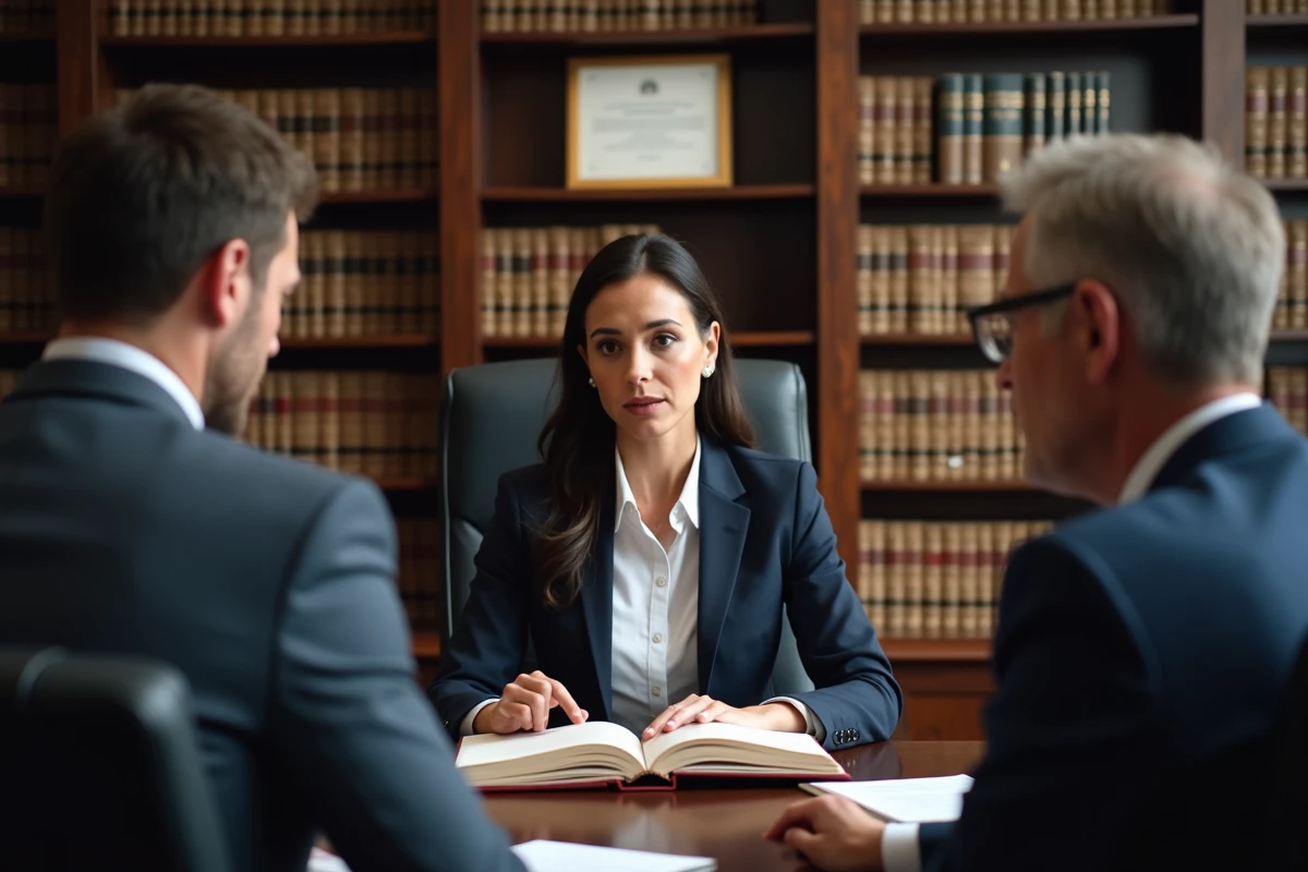 Avocate expliquant les dispositions de l'article 220 du Code civil à un couple dans un cabinet juridique professionnel