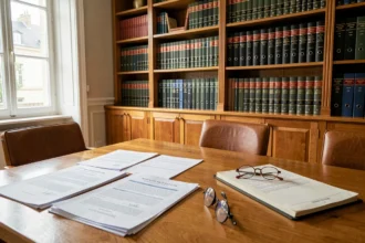 Bureau d'avocat spécialisé en droit de la famille en Centre-Val de Loire, avec des documents juridiques sur une table en bois et des étagères de codes légaux en arrière-plan