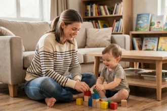 Jeune baby-sitter déclarée jouant avec un enfant en bas âge dans un salon familial chaleureux
