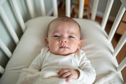 Bébé de six mois dans un lit bébé blanc avec une ambiance douce