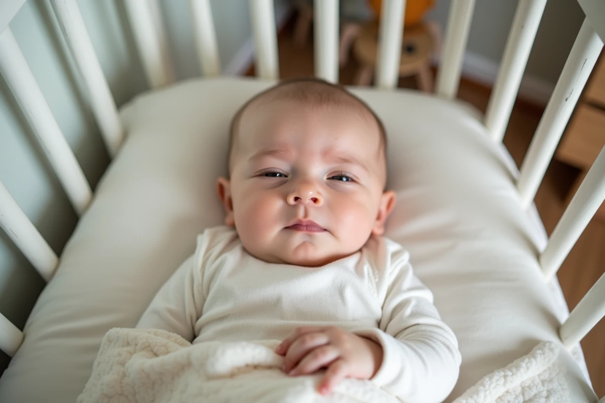 Bébé de six mois dans un lit bébé blanc avec une ambiance douce