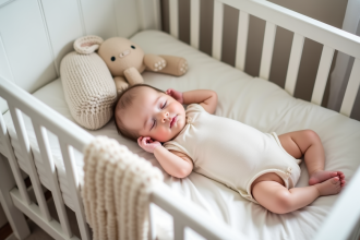 Bebe endormi dans un lit en bois blanc dans une nurserie pastel