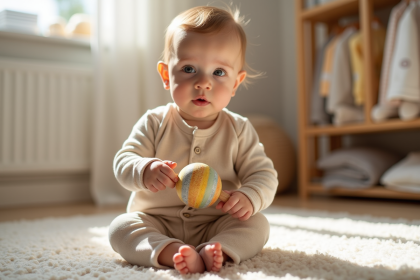 Bebe fille en body beige jouant avec un hochet coloré