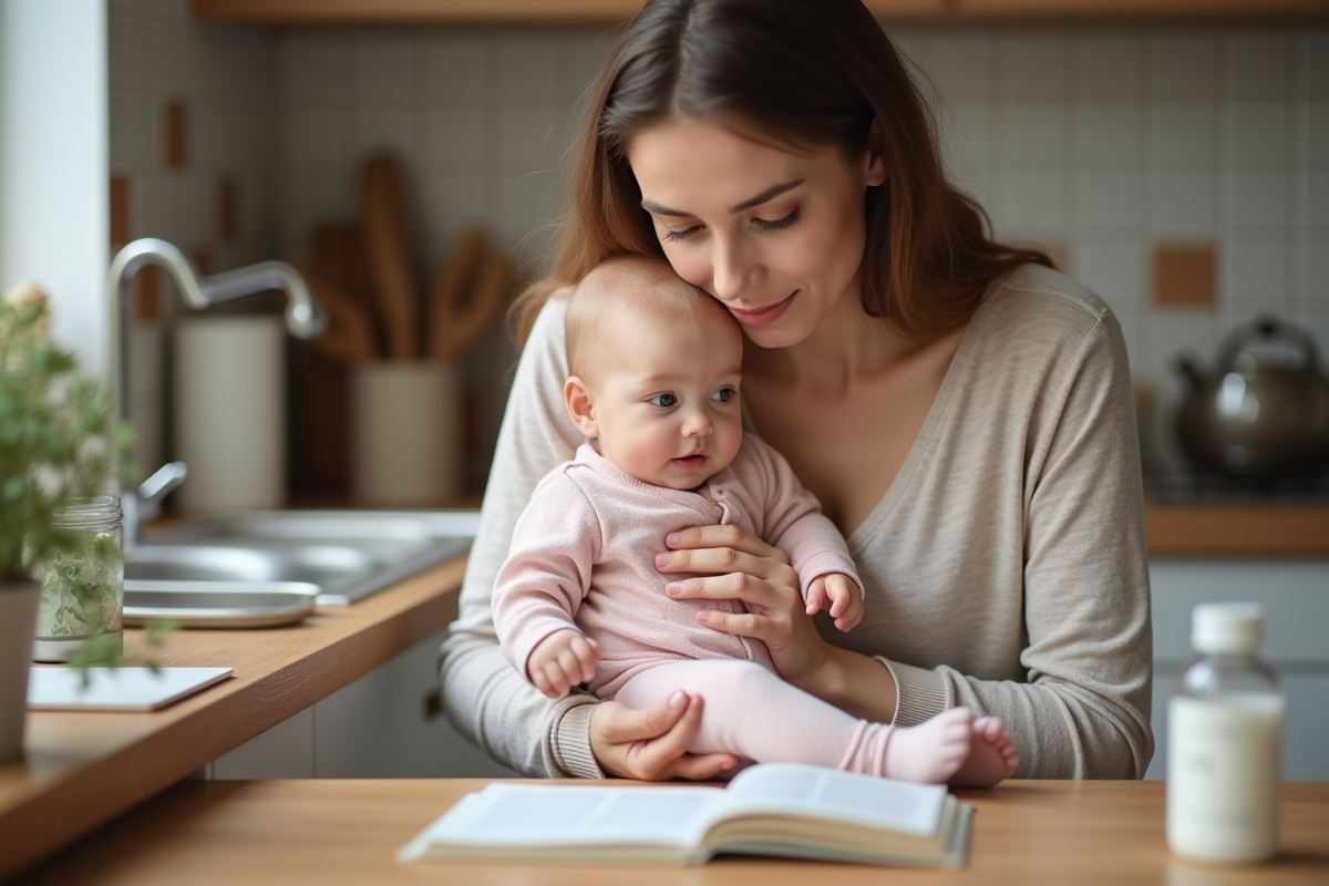 Bébé fille en pastel dans les bras de sa mère en cuisine