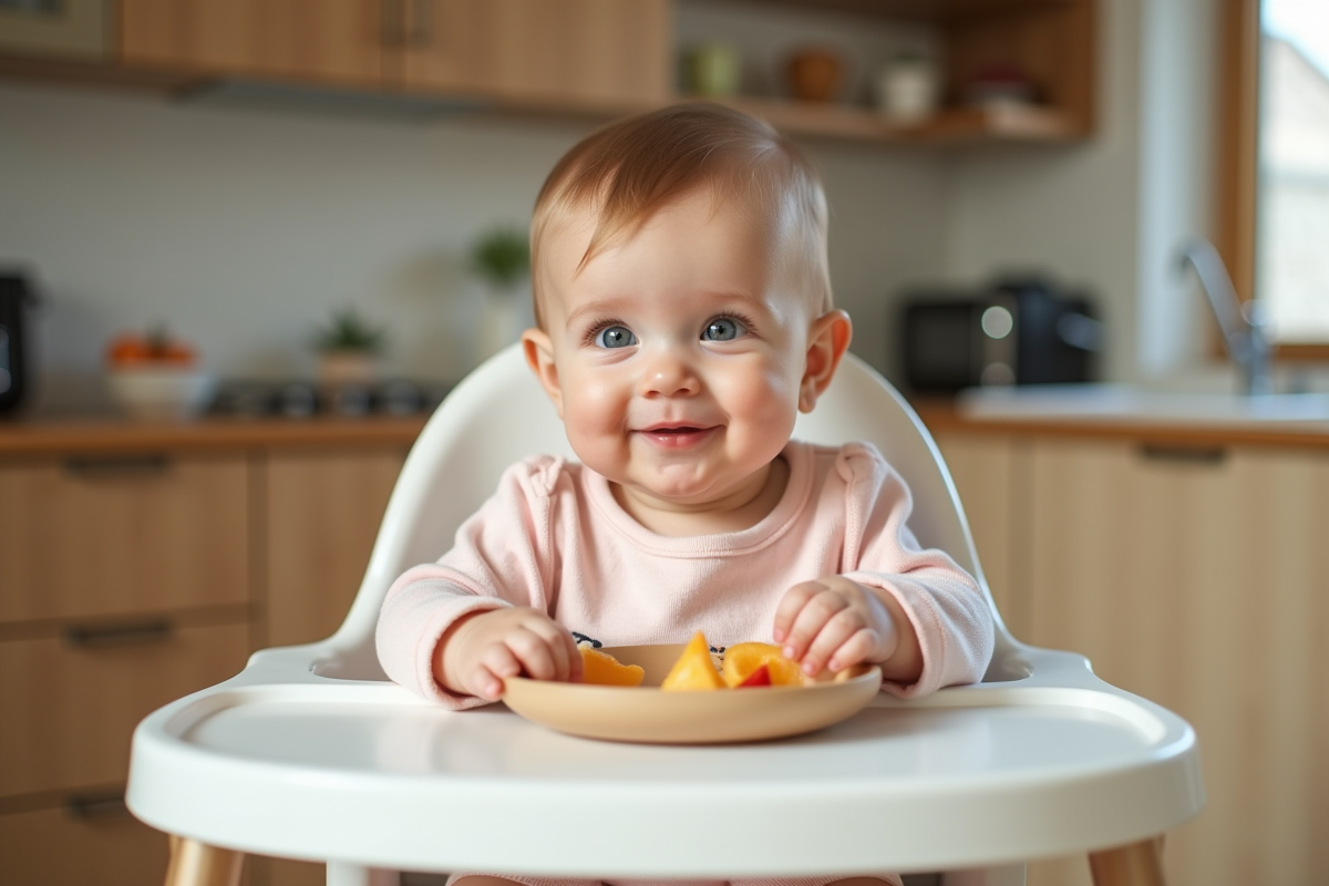 Bebe fille en pastel dans un siège moderne explorant un aliment