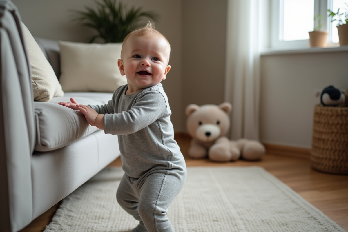 Bebe garcon debout tenant un canapé dans un salon moderne