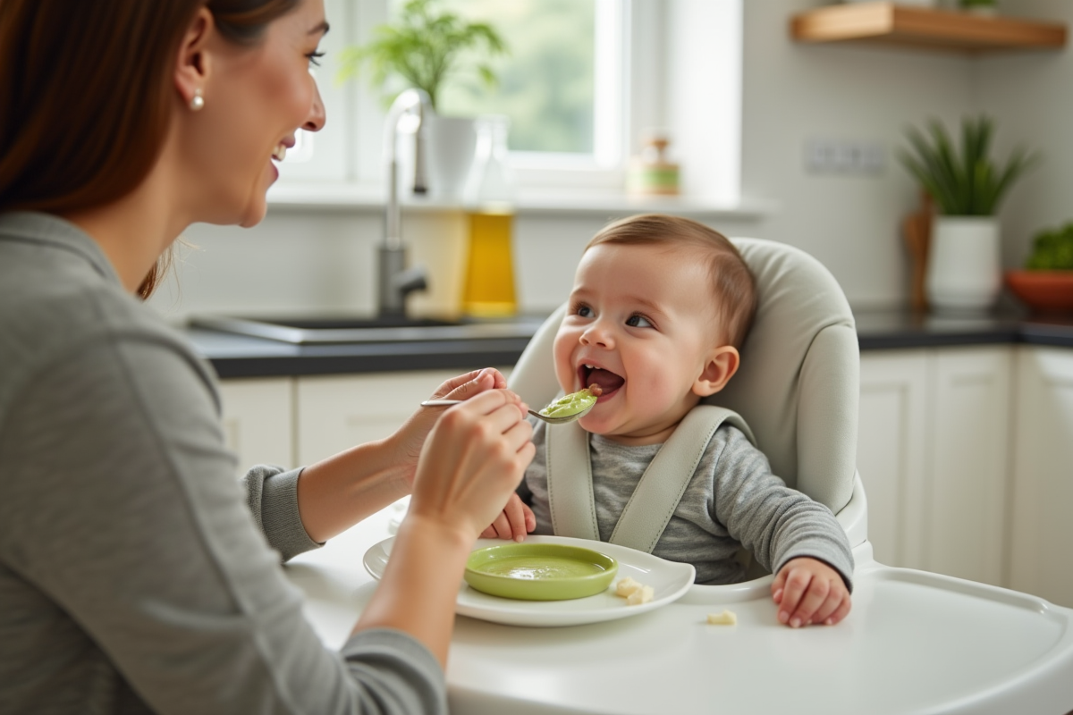 Parent donnant à manger à bébé souriant avec une cuillère de purée verte