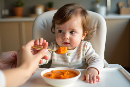 Bébé de six mois dans une chaise haute tendant la main vers une cuillère de carottes