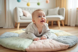 Bébé de 3 mois allongé sur un tapis d'éveil coloré avec des jouets suspendus sur parquet en bois