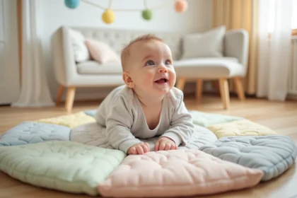 Bébé de 3 mois allongé sur un tapis d'éveil coloré avec des jouets suspendus sur parquet en bois