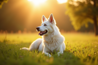 Chien berger blanc belge dans une prairie ensoleillee