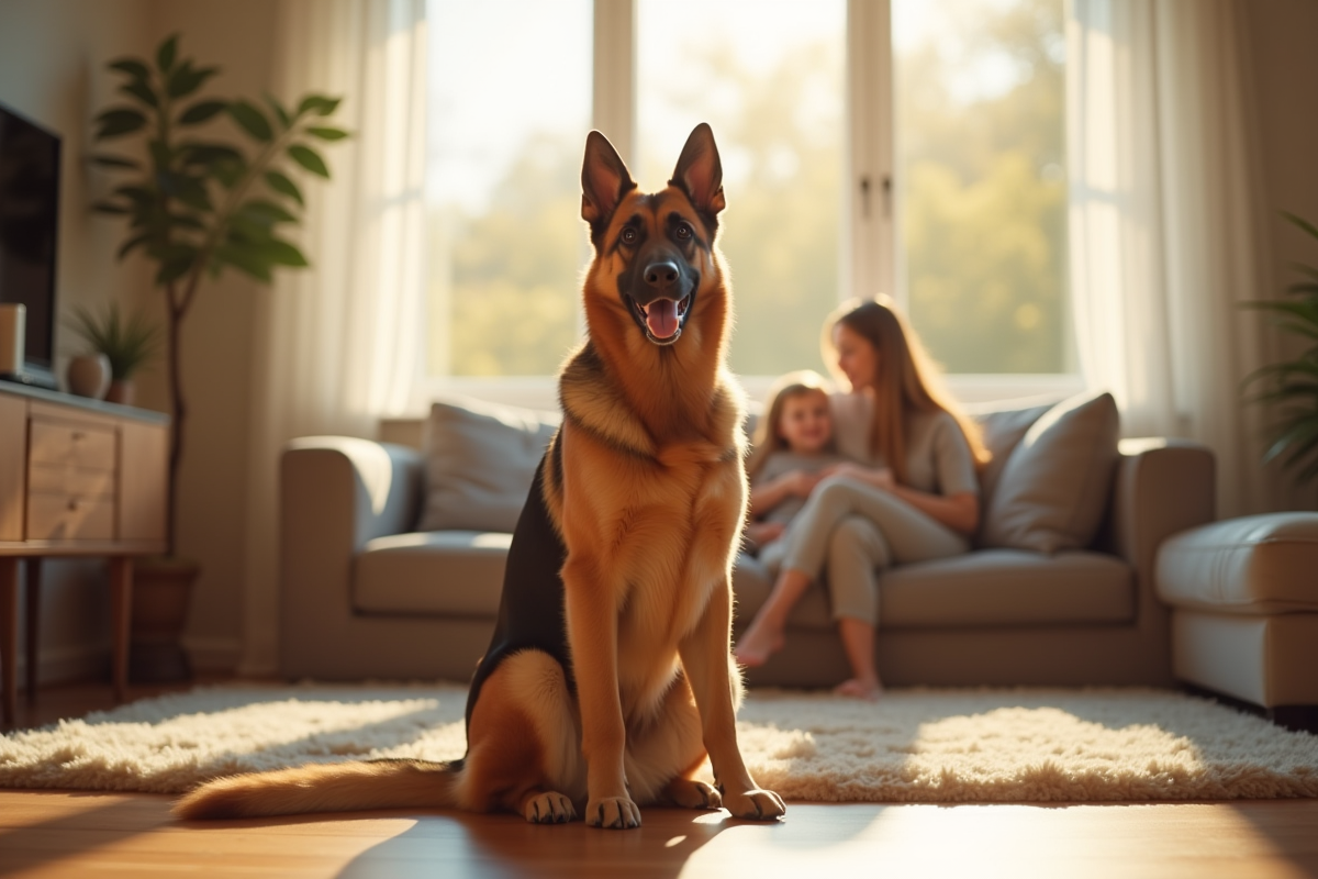 Chien berger allemand assis dans un salon lumineux
