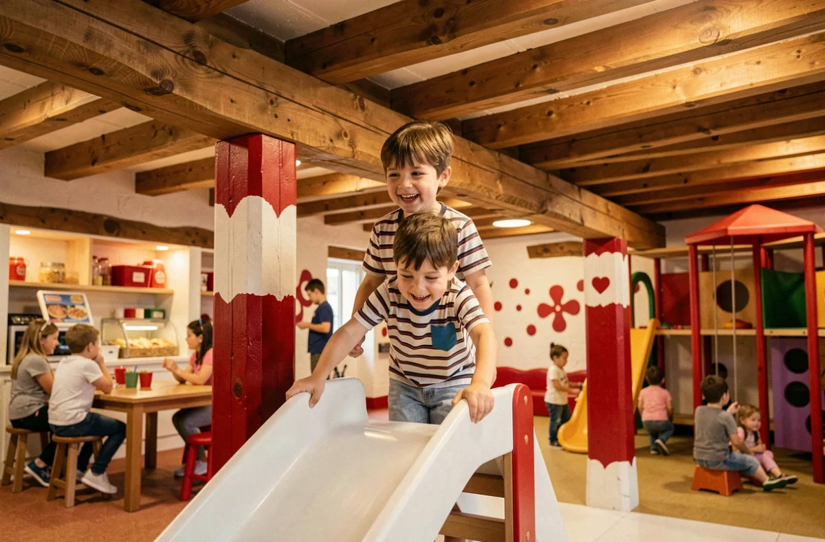 Bid'A Parc à Bidart avec décor basque et enfant au sommet d'un toboggan dans un espace de jeux intérieur
