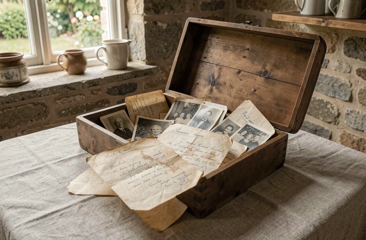 Boîte ancienne contenant des photographies de famille en noir et blanc, des lettres manuscrites et un acte de naissance, évoquant la recherche sur les origines et l'histoire familiale