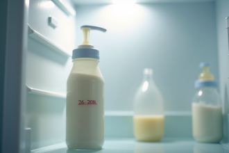 Bouteille de lait fraîchement exprimé dans le frigo avec lumière douce