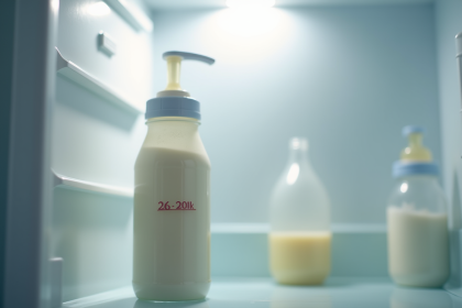 Bouteille de lait fraîchement exprimé dans le frigo avec lumière douce