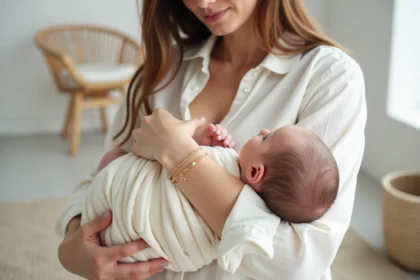 Maman portant un bracelet de naissance discret en or fin avec son nouveau-né dans une chambre de bébé scandinave