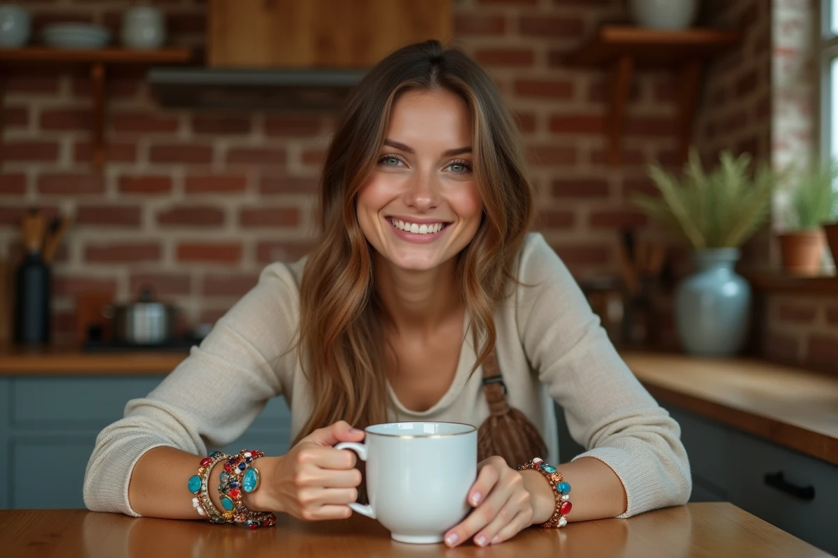 Femme portant un bracelet de naissance voyant avec charms colorés dans une cuisine de style rustique