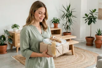 Femme tenant un cadeau baby shower zéro déchet enveloppé dans une beeswax wrap avec une tétine en bois et des couches lavables, dans un intérieur scandinave naturel
