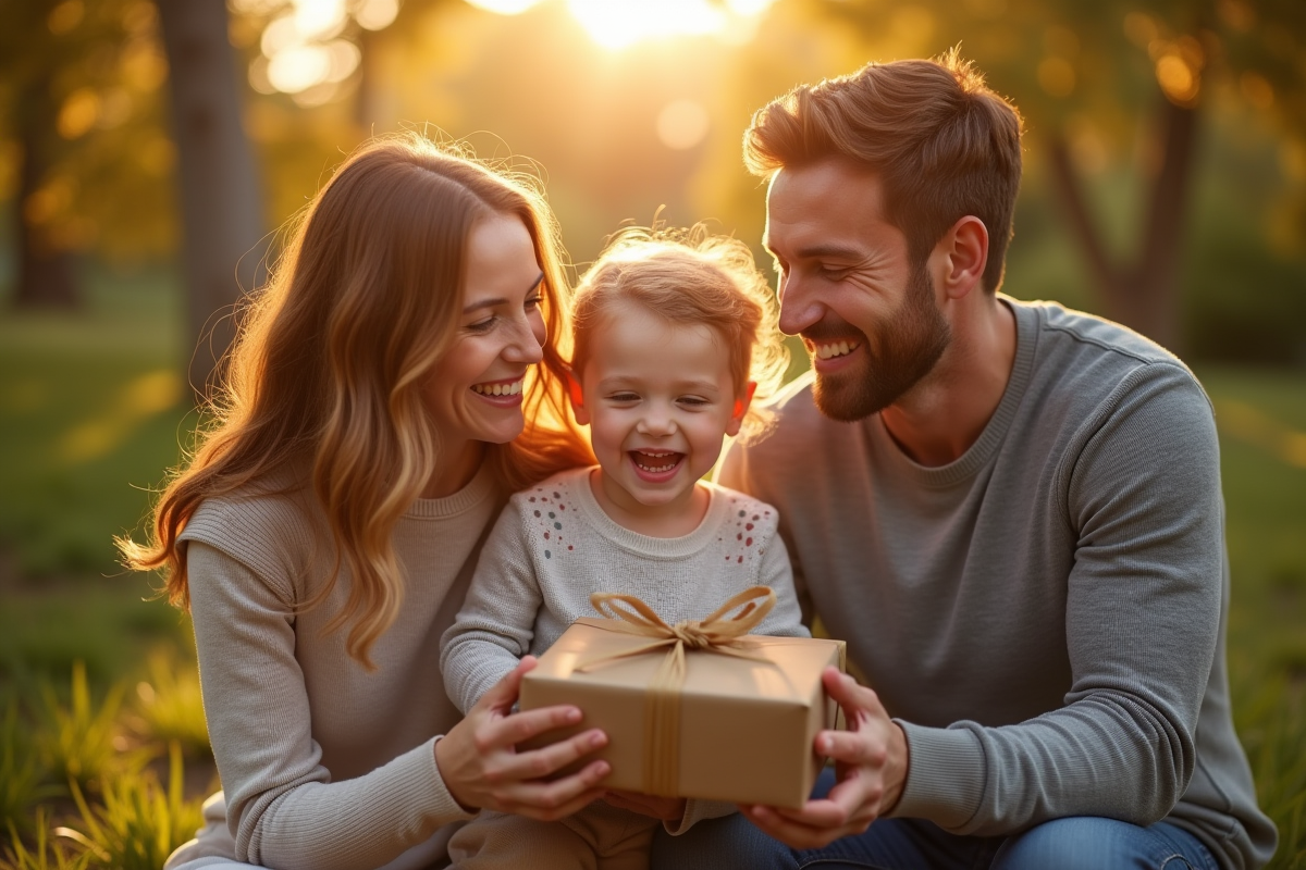 Parents et enfants échangeant des cadeaux dans un jardin ensoleille