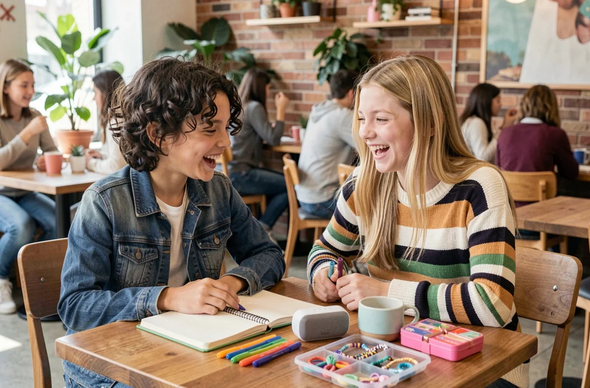 Deux adolescentes de 12 ans riant ensemble autour d'idées cadeaux tendance posés sur une table en bois dans un café moderne