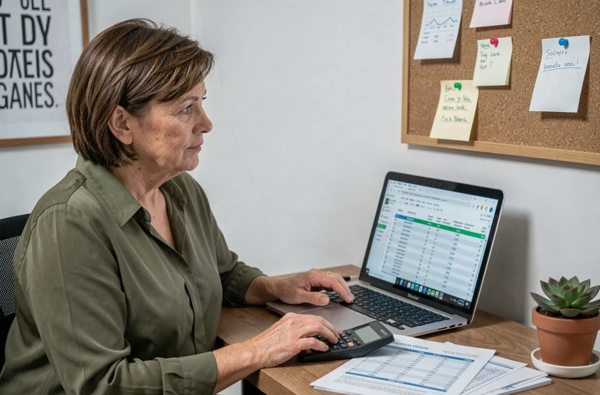 Femme calculant le montant de l'obligation alimentaire sur ordinateur et calculatrice dans un bureau à domicile, symbolisant l'évaluation financière sans mettre en péril son budget