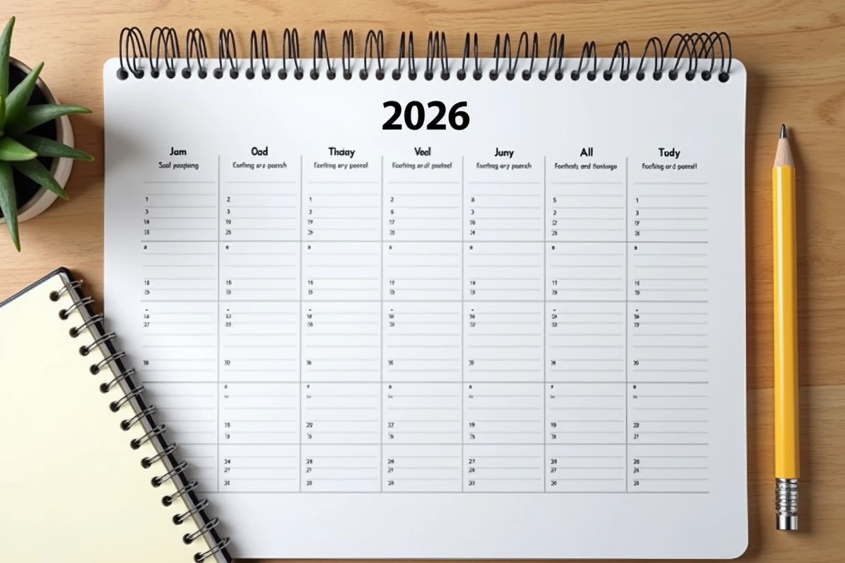 Vue aérienne d'un calendrier 2026 imprimé avec semaines paires et impaires posé sur une table en chêne avec papeterie