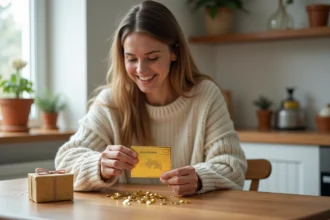 Femme grattant une carte à gratter personnalisée pour découvrir une destination de voyage surprise, ambiance chaleureuse dans une cuisine scandinave