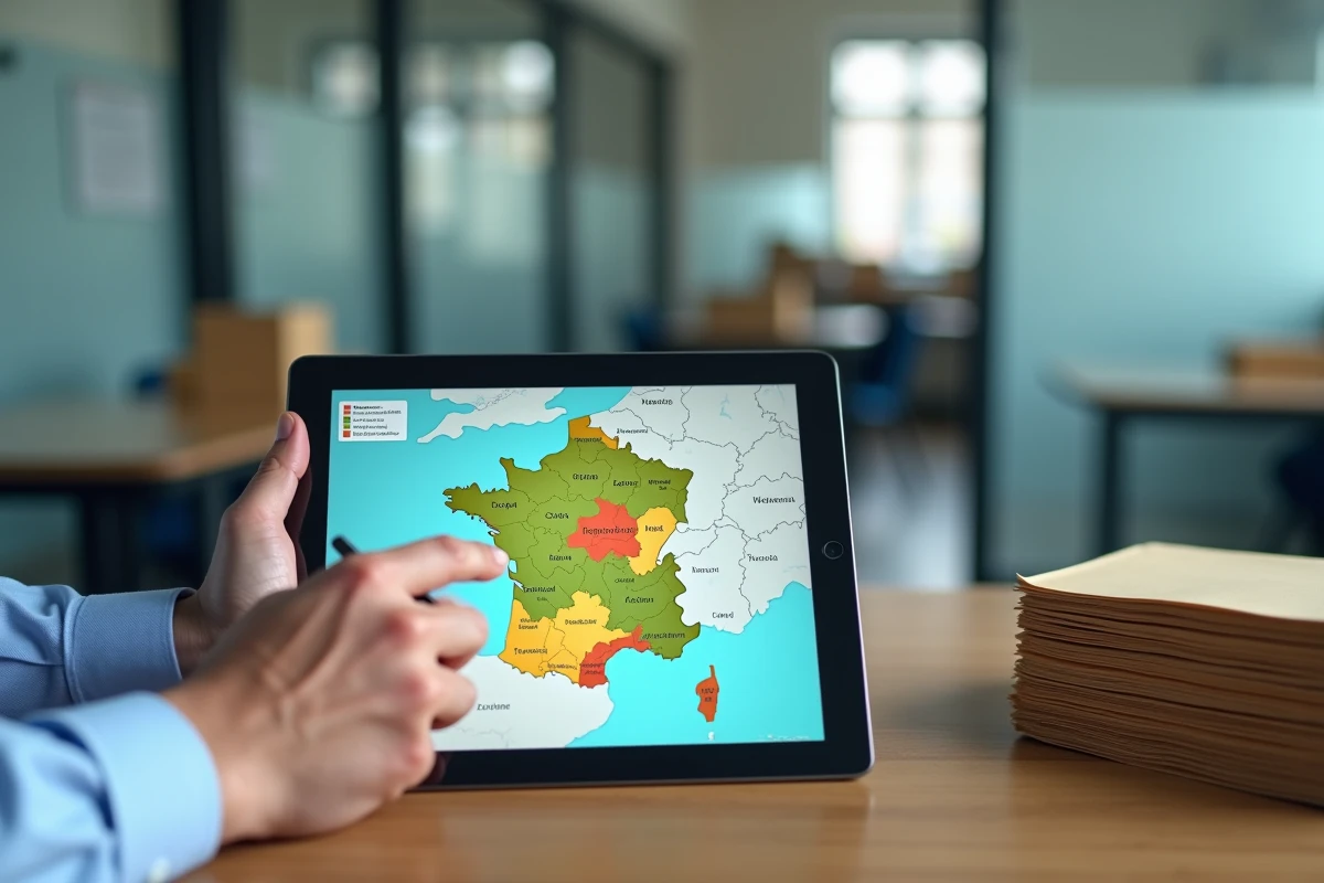 Mains d'un administrateur scolaire utilisant une tablette tactile pour naviguer sur une carte des académies françaises