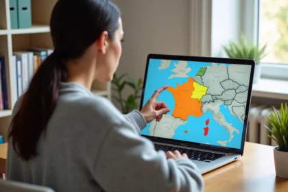 Femme consultant une carte interactive des zones scolaires sur un ordinateur portable dans un bureau à domicile