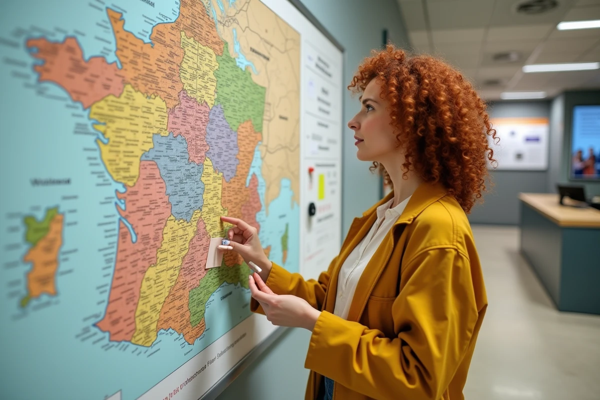Jeune femme examinant une carte murale imprimée des zones scolaires dans un centre d'information public