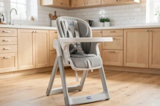 Chaise haute Chicco Polly Magic 3 en 1 en position repas dans une cuisine scandinave moderne avec plateau amovible et harnais de sécurité
