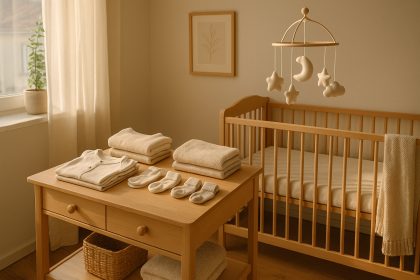 Photo hyperrealiste d'une chambre de bébé chaleureuse et lumineuse avec mobilier en bois