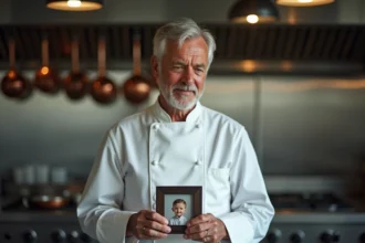 Chef cuisinier tenant une photo de famille dans sa cuisine professionnelle, regard pensif et émotionnel