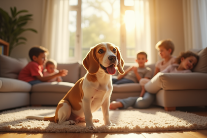 Beagle citron heureux dans un salon ensoleille avec famille